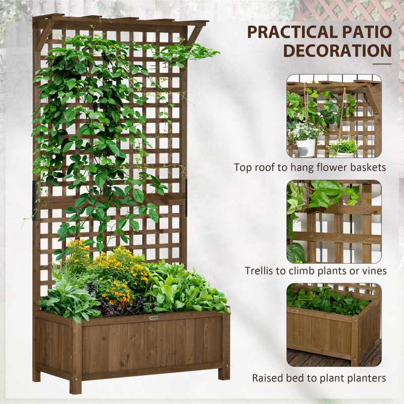 Outsunny Raised Bed with Drainage Holes, Wood Planter with Trellis for Climbing Plants to Grow Vegetables, Flowers, Brown