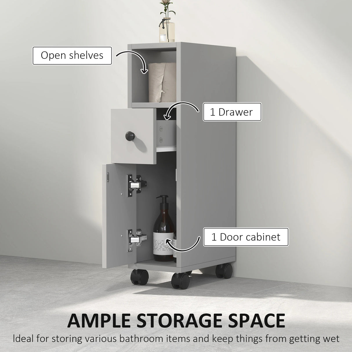 kleankin Slimline Bathroom Storage Cabinet - Grey