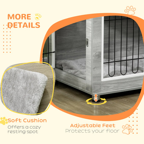 PawHut Dog Crate Furniture End Table, with Washable Cushion, Double Doors, for Medium/Large Dogs, Grey