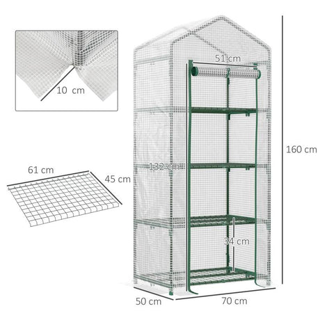 Outsunny 4 Tier Mini Greenhouse, Portable Compact Green House with Steel Frame, PE Cover, Roll-up Door, 70 x 50 x 160 cm, White