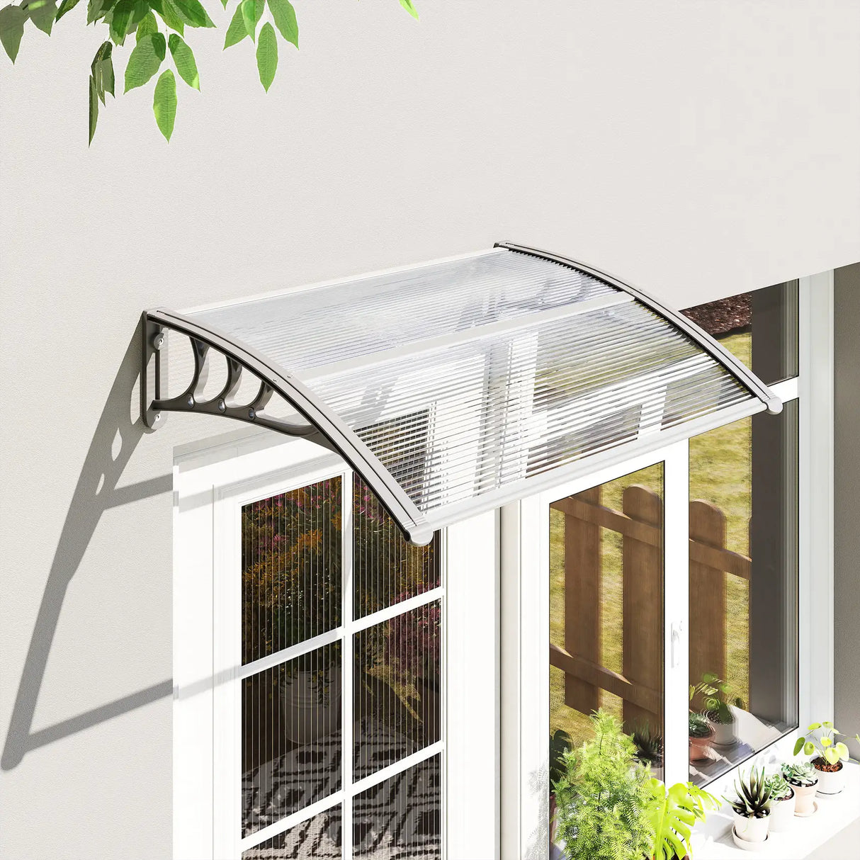 Outsunny Front Door Canopy Outdoor Awning Aluminium Rigid Plastic Polycarbonate Rain Shelter UV Water Rain Resistant 100 x 75cm Clear