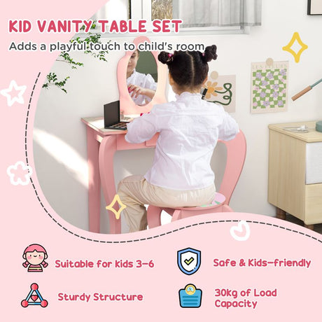 ZONEKIZ Kids Dressing Table with Mirror, Stool, Drawer, Cute Animal Design - Pink