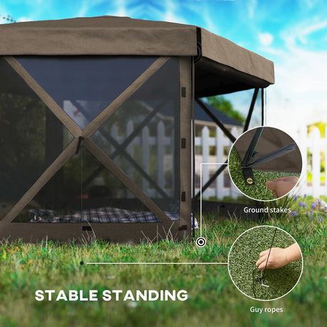 Outsunny 3 x 3(m) Hexagon Pop Up Gazebo with 5 Sides and Carry Bag, Waterproof, UV Resistant Party Tent Instant Event Shelter with Netting for Garden, Patio, Brown