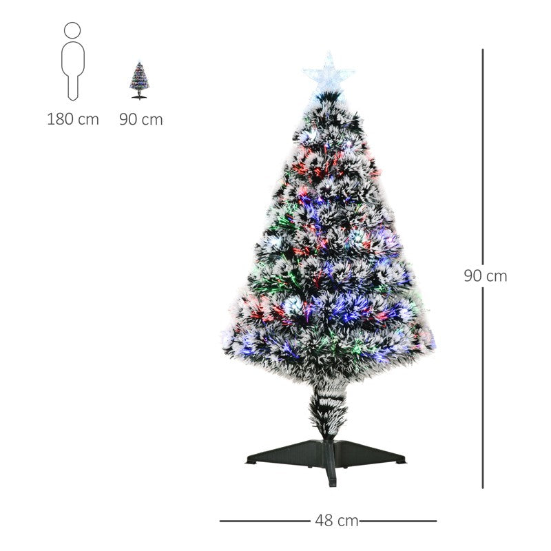 HOMCOM 3ft Artificial Prelit Christmas Tree, Snow Xmas Tree with Colourful LED Lighting Fiber Optics, Green White