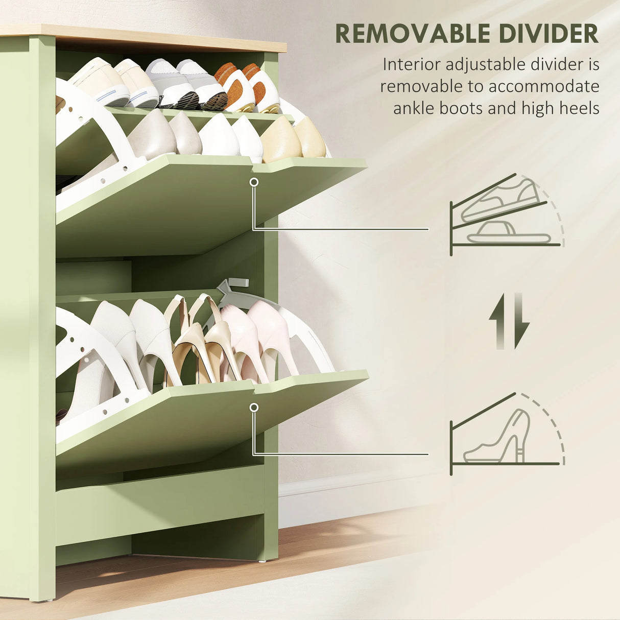 HOMCOM Slim Shoe Cabinet, Narrow Shoe Cupboard with 2 Flip Drawers, Adjustable Shelves for 12 Pairs of Shoes, Green