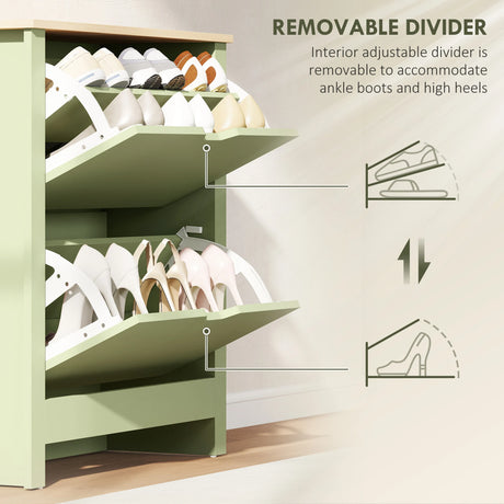 HOMCOM Slim Shoe Cabinet, Narrow Shoe Cupboard with 2 Flip Drawers, Adjustable Shelves for 12 Pairs of Shoes, Green