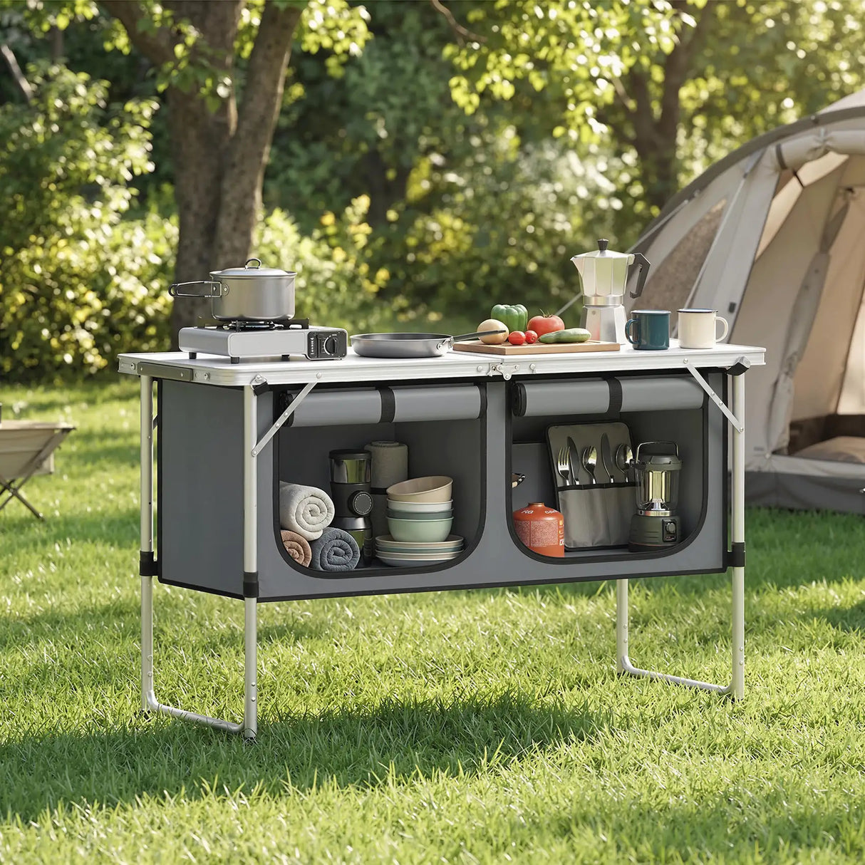 Outsunny Camping Cupboards Folding Portable Aluminium Camp Cook Station with Storage Cupboard for Outdoor BBQ