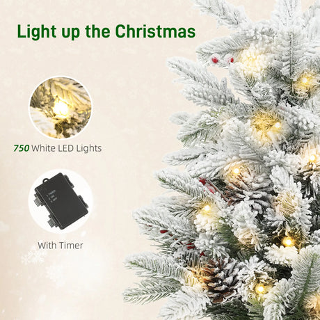 HOMCOM 60 cm Prelit Small Christmas Tree with 35 LED Lights, Snow Flocked Tabletop Mini Xmas Tree with Pine Cones, Berry Clusters and Linen Cover Base, Battery Operated, Green