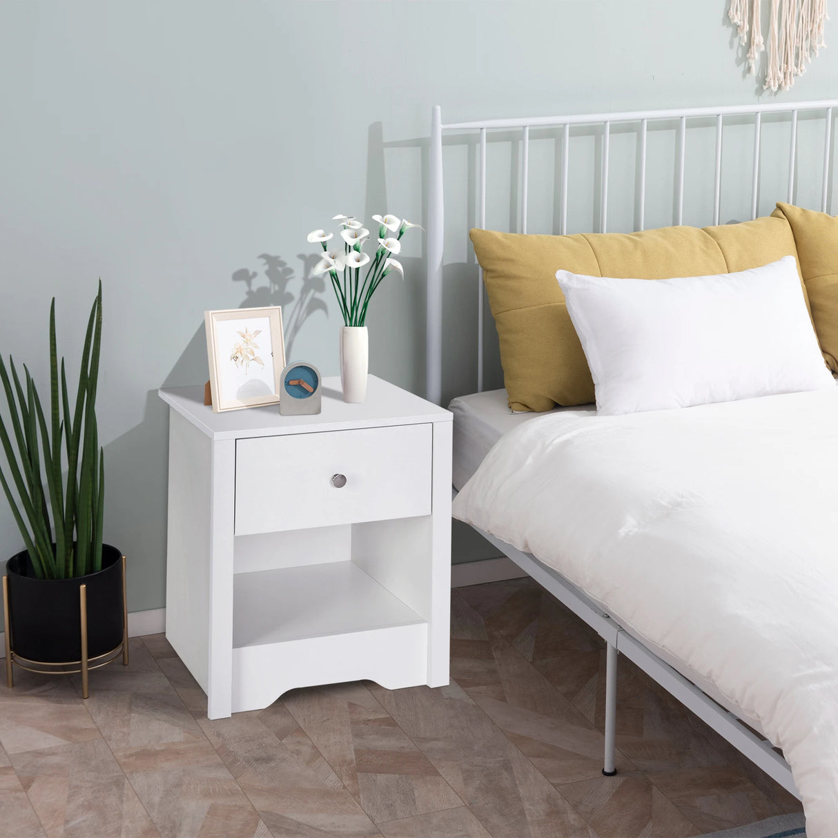 HOMCOM Bedside Table, Nightstand with Drawer and Open Shelf, End Table for Living room, Bedroom, Set of 2, White