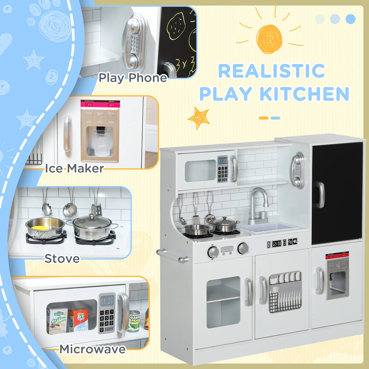 AIYAPLAY Pretend Play Kitchen, Kids Kitchen Playset, with Toy Phone, Chalkboard, Microwave, Cooking Stove, Sink, White