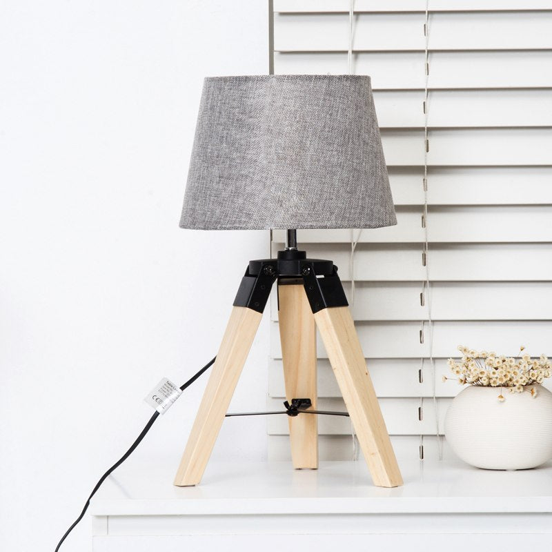 HOMCOM Wooden Tripod Table Lamp for Side, Desk or End Table with E27 Bulb Base14Grey Shade14