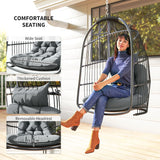 Outsunny Hanging Egg Chair, Foldable Rattan Garden Swing Chair with Installation Kit, Thickened Cushion and Headrest, Indoor Outdoor Hanging Egg Basket Seat for Patio, Porch, Dark Grey