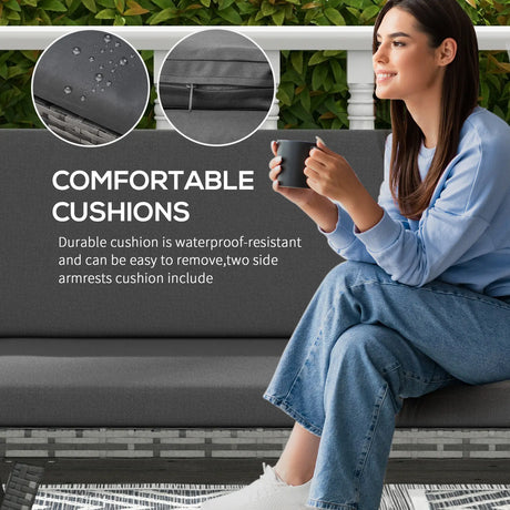 Outsunny 2 Seater Rattan Sofa with Cushions, 2-in-1 PE Rattan Daybed Sofa with Left Up or Down Armrests, Garden Chaise Lounger Loveseat for Outdoor, Patio, Mixed Grey