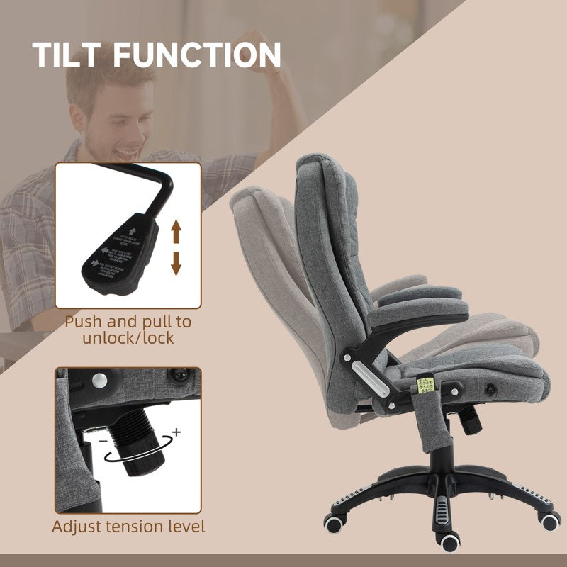 Vinsetto Massage Recliner Chair Heated Office Chair with Six Massage Points Linen-Feel Fabric 360 Swivel Wheels Grey
