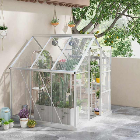 Outsunny 6 x 6ft Walk-In Greenhouse, Polycarbonate Greenhouse with Sliding Door, Window, Aluminium Frame, Foundation, Silver