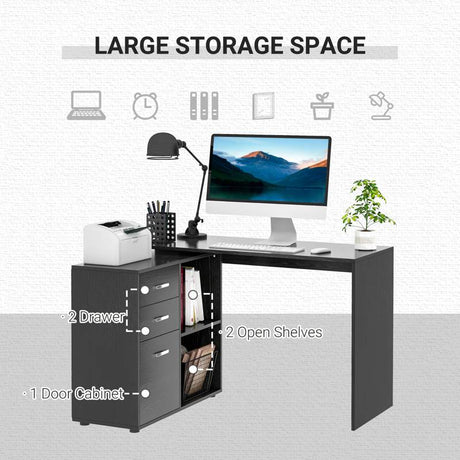 HOMCOM L-Shaped Computer Desk, 2 Shaped Corner Desk with Drawers, File Cabinet and Storage Shelves, Home Office Desk, 117 x 83.5 x 76cm, Black