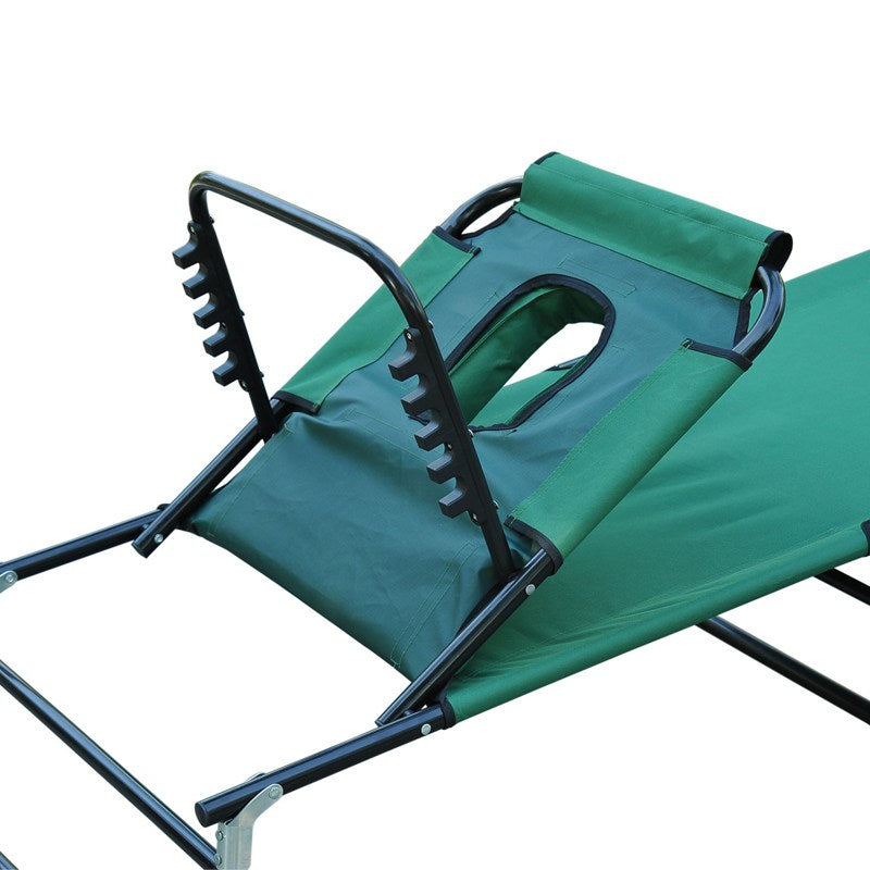 Outsunny Foldable Outdoor Sun Lounger Adjustable Backrest Reclining Chair with Pillow and Reading Hole Garden Beach, Dark Green