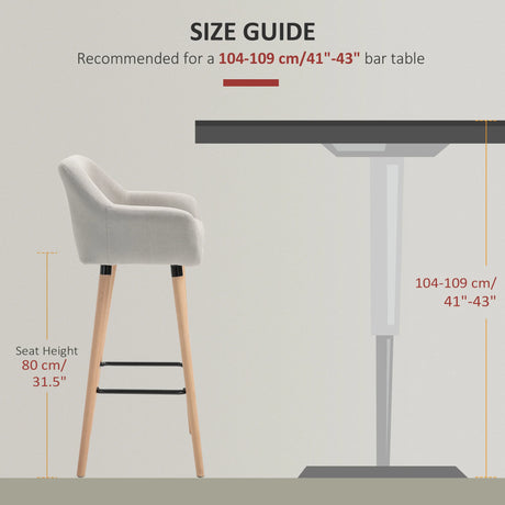 HOMCOM Set of 2 Bar Stools Modern Upholstered Seat Bar Chairs w/ Metal Frame, Solid Wood Legs Living Room Dining Room Fabric Furniture - Beige