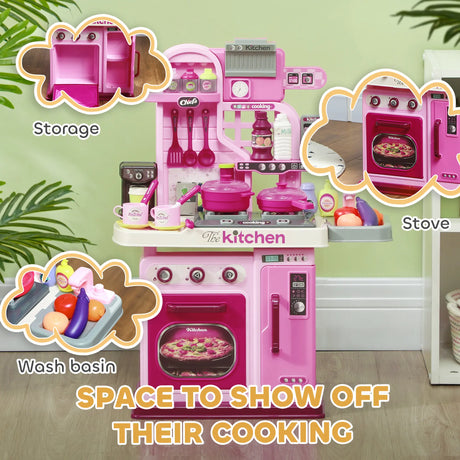 AIYAPLAY Kids Kitchen with 33 Pieces, Lights, Sounds, Storage, for Ages 3-6 Years, Pink