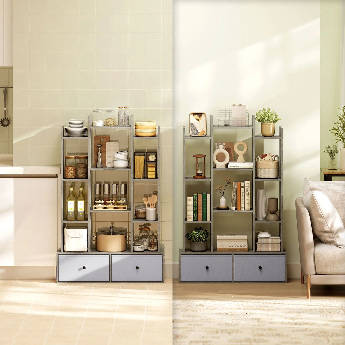HOMCOM 12 Shelf Storage Unit, with Drawers - Graphite Wood Effect