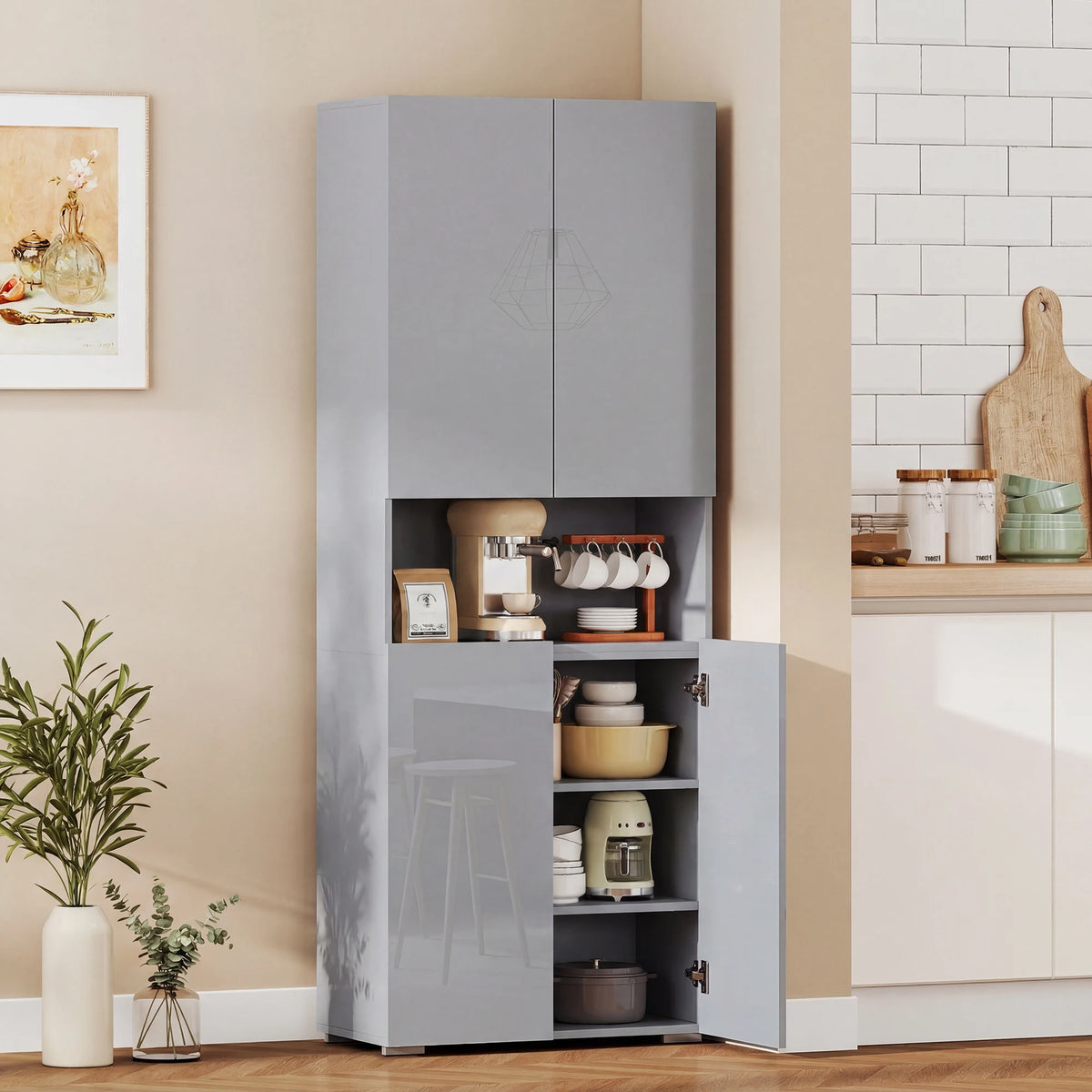 HOMCOM 180 cm Tall Kitchen Cupboard, Pantry Storage Cabinet with Soft Close Doors and Adjustable Shelves, High Gloss Grey