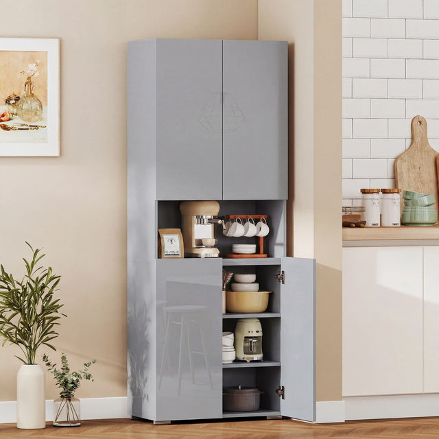HOMCOM 180 cm Tall Kitchen Cupboard, Pantry Storage Cabinet with Soft Close Doors and Adjustable Shelves, High Gloss Grey