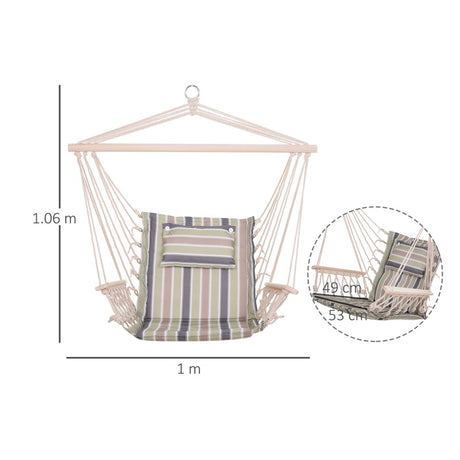 Outsunny Garden Outdoor Hanging Hammock Chair Thick Rope Frame Wooden Arms Safe Wide Seat Garden Outdoor Spot Stylish Multicoloured stripes