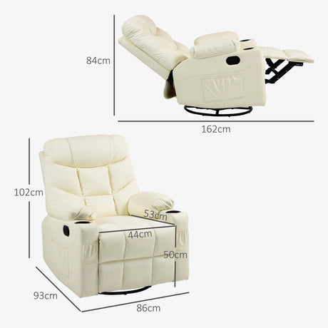 HOMCOM Manual Reclining Chair, Recliner Armchair with Swivel, Faux Leather, Footrest, Cup Holders, 86x93x102cm, Cream