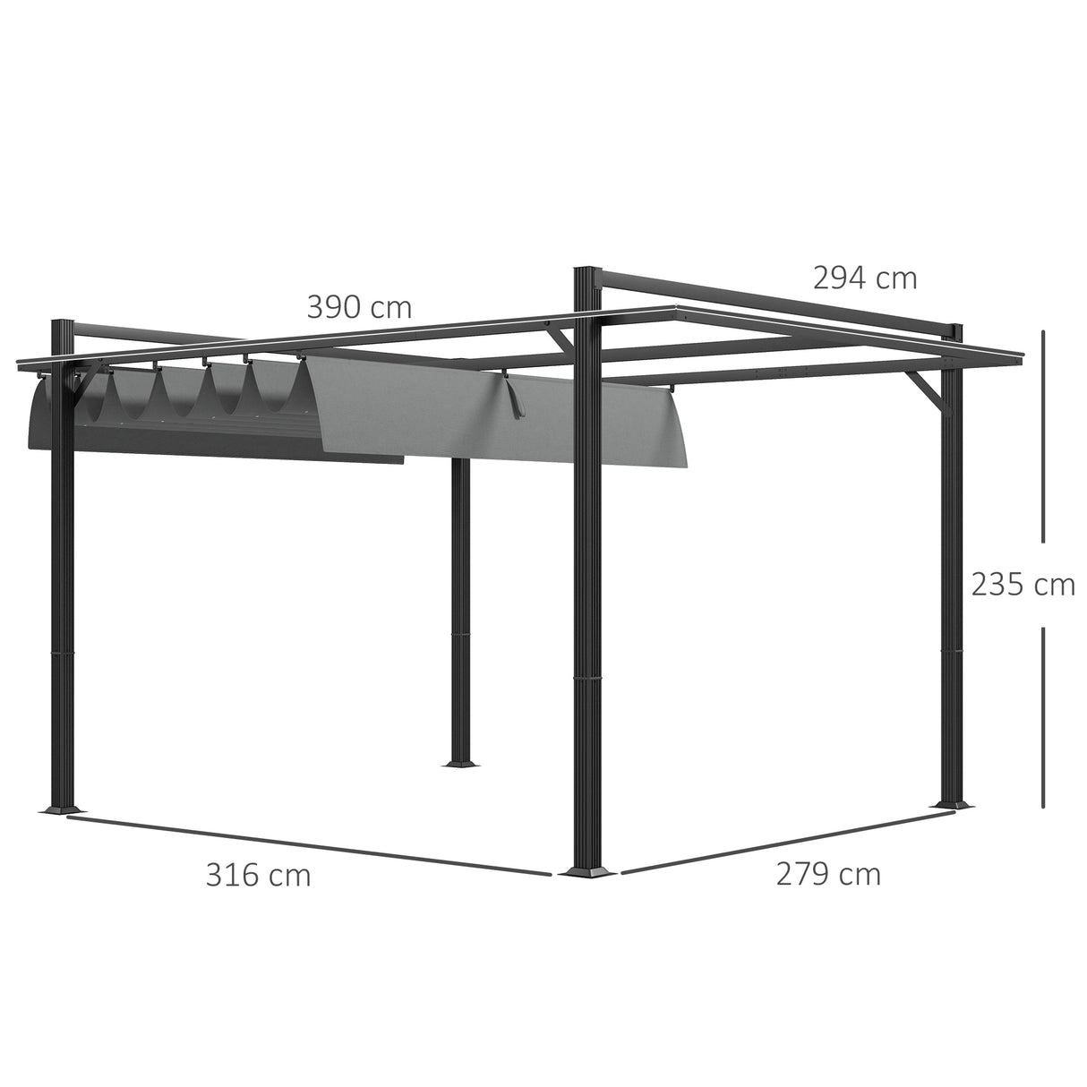 Outsunny Aluminium Pergola with Retractable Roof, 3x4m Garden Shelter for Patio Deck in, Dark Grey