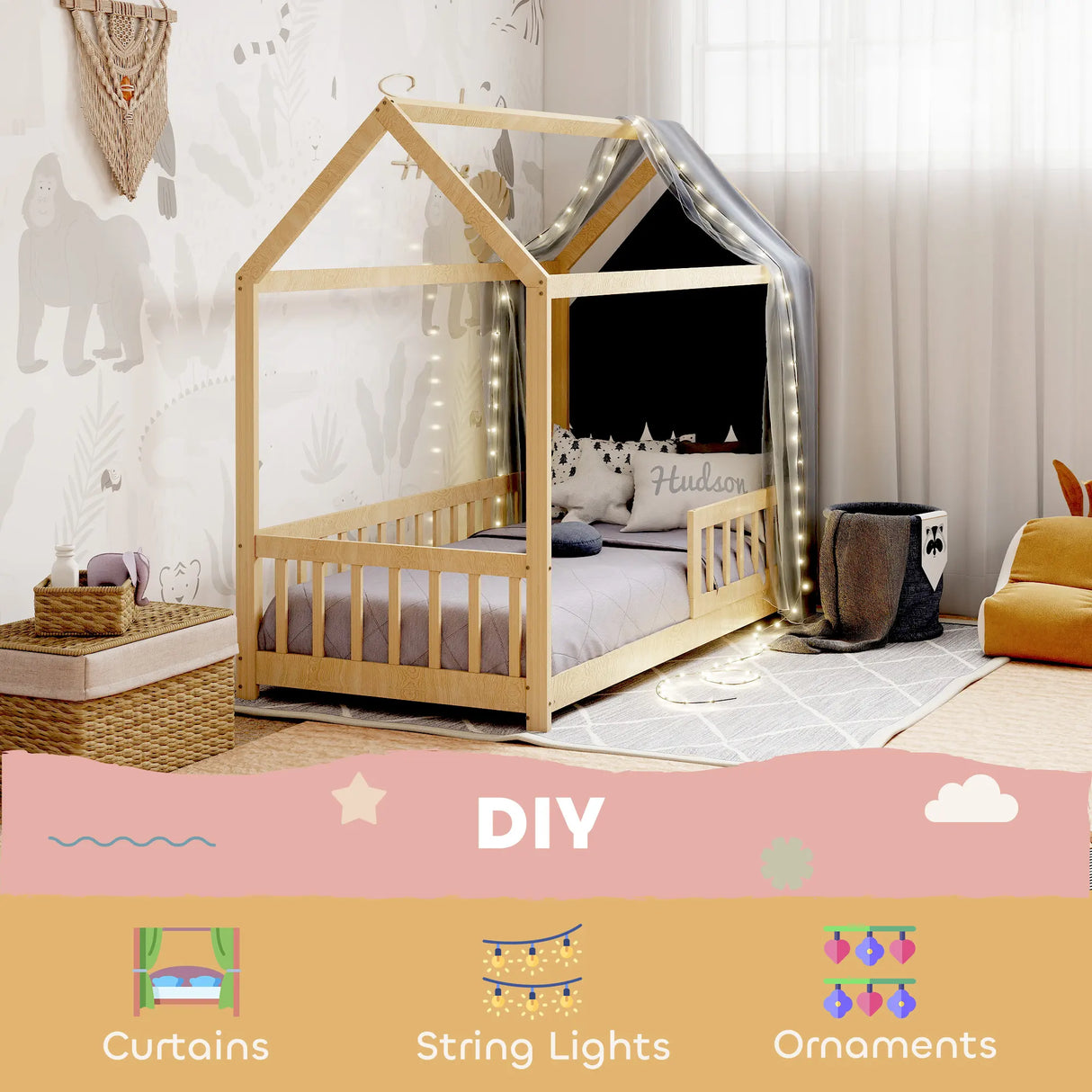 HOMCOM House-Shaped Kids Bed Frame with Guard Rails, Solid Pine Wood Single Bed Frame for Kids Boys and Girls, Natural