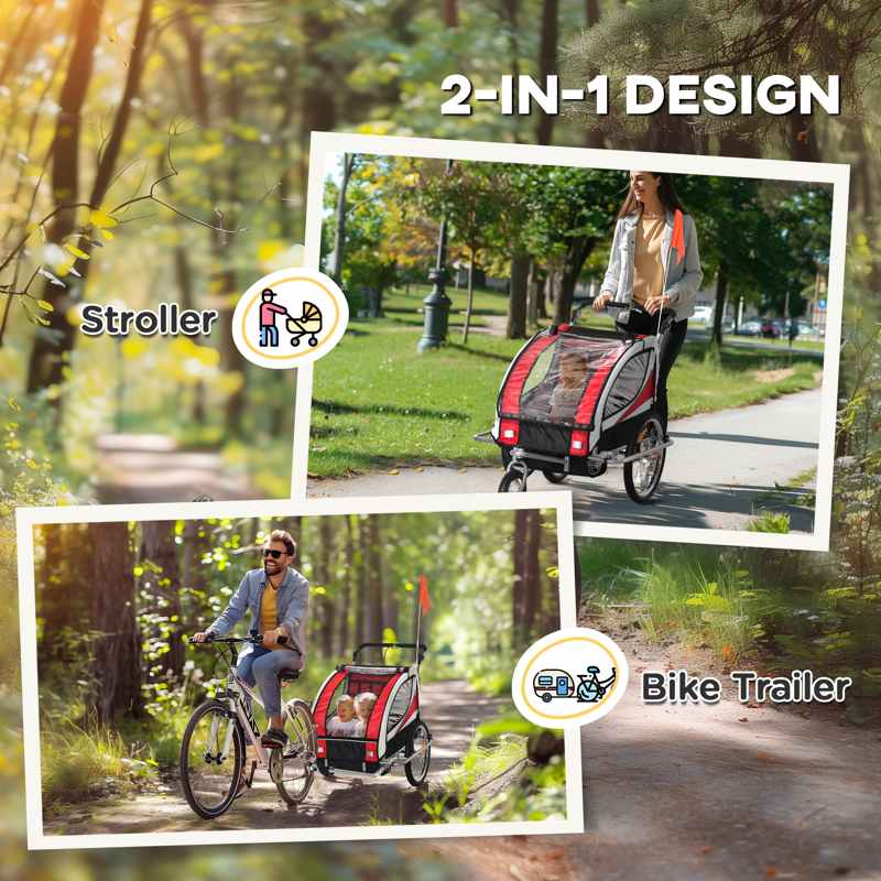 HOMCOM Child Bike Trailer Baby Bicycle Trailer 360° Rotatable for 2 Kids with Steel Frame LED Hitch Coupler Red