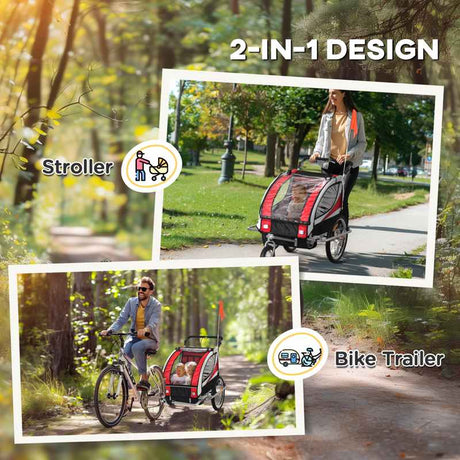 HOMCOM Child Bike Trailer Baby Bicycle Trailer 360° Rotatable for 2 Kids with Steel Frame LED Hitch Coupler Red