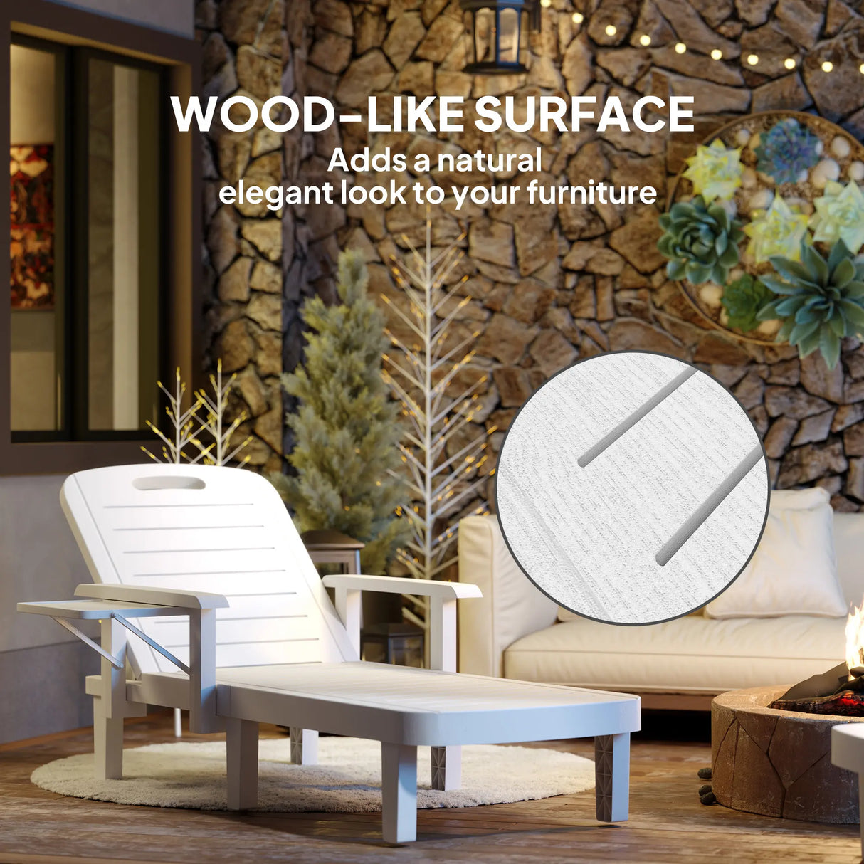 Outsunny Set of 2 Resin Reclining Sun Loungers for Garden, 5 Positions Adjustable Outdoor Chaise Lounge Chairs with Wood Texture Surface, Armrests, Foldable Side Table for Garden, Beach, White