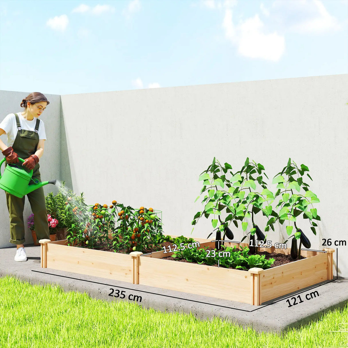 Outsunny Raised Garden Bed, Wooden Planter Box with Divider and Open Bottom for Flowers, Herbs, Vegetables, DIY Painting