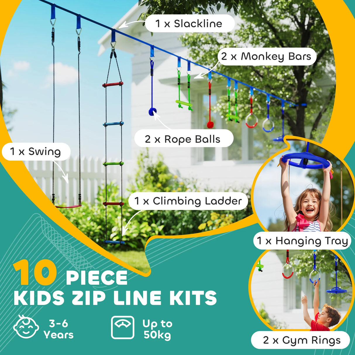 AIYAPLAY 10-Piece Zip Line Kit for Kids with 10m Slackline, Monkey Bars, Swing, Climbing Ladder, Hanging Tray, Metal Rings