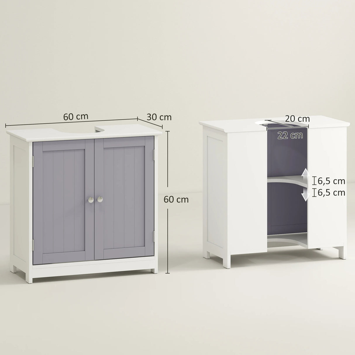 kleankin 60x60cm Under-Sink Storage Cabinet w/ Adjustable Shelf Handles Drain Hole Bathroom Cabinet Space Saver Organizer White and Grey