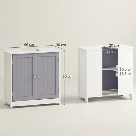 kleankin 60x60cm Under-Sink Storage Cabinet w/ Adjustable Shelf Handles Drain Hole Bathroom Cabinet Space Saver Organizer White and Grey