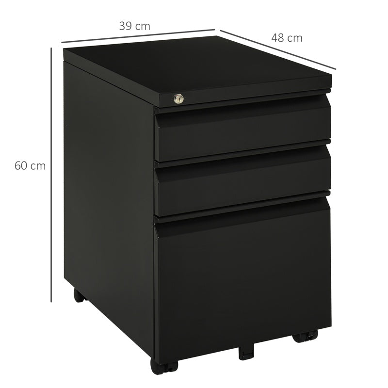 Vinsetto 3 Drawer Filling Cabinet, Mobile Metal File Cabinet with Anti-tilt Design for Letter, A4, Legal Size, Black