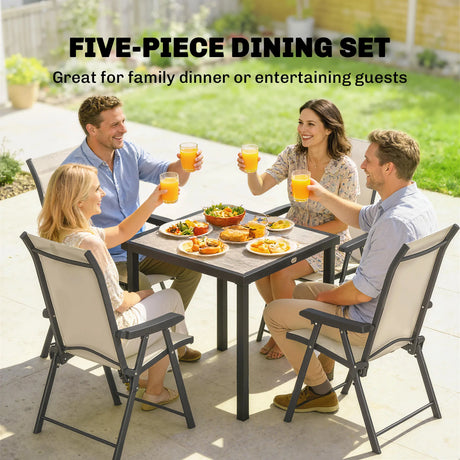 Outsunny 5 Pieces Outdoor Dining Set, Garden Dining Set for 4 with Square Table and Folding Chairs, Brown