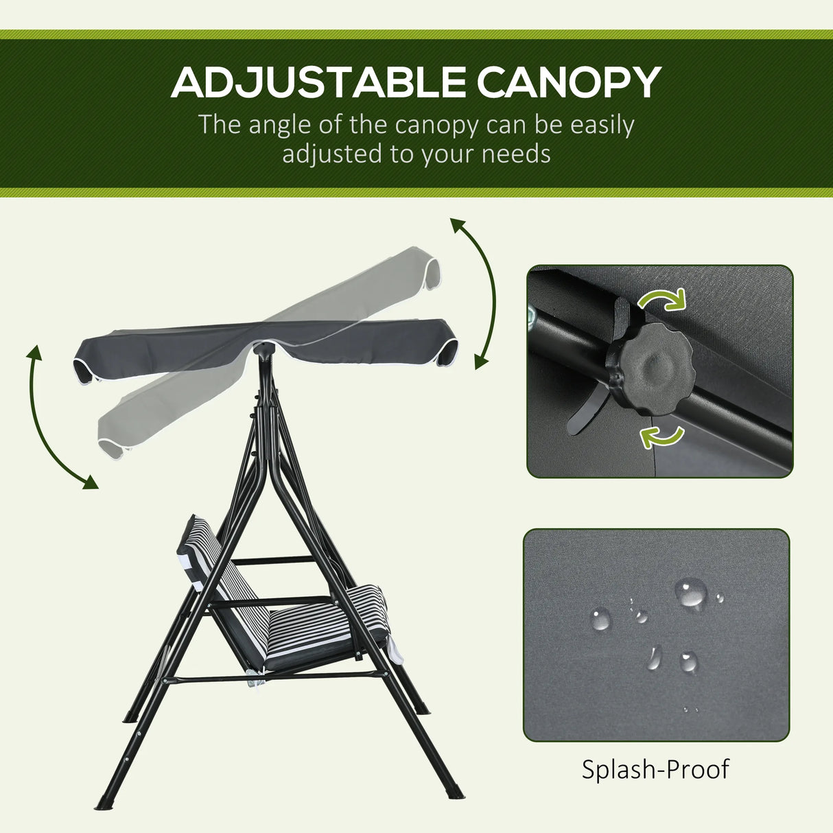 Outsunny 3 Seater Garden Swing Chair, Outdoor Swing Chair with Adjustable Canopy, Mental Frame & Cushions, Grey