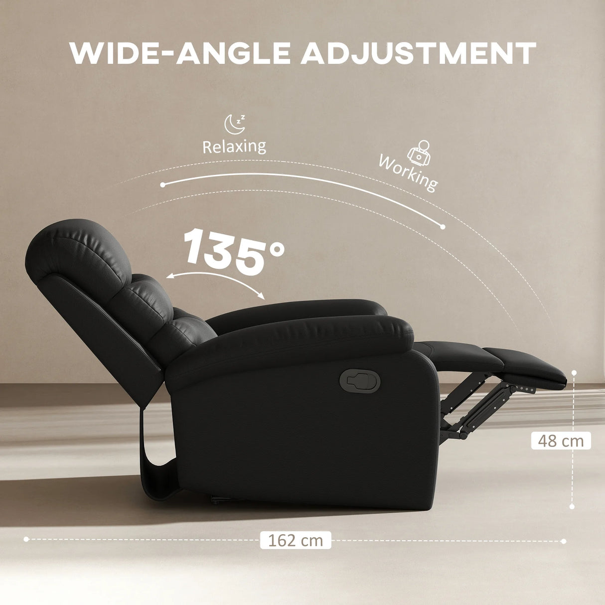 HOMCOM PU Leather Reclining Chair, Manual Recliner Chair with Padded Armrests, Retractable Footrest and Wood Frame, Black