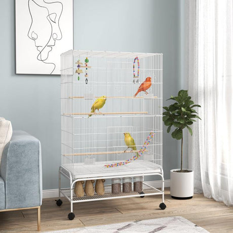 PawHut Bird Cage w/ Stand, Toys, Accessories, for Canaries, Finches, White