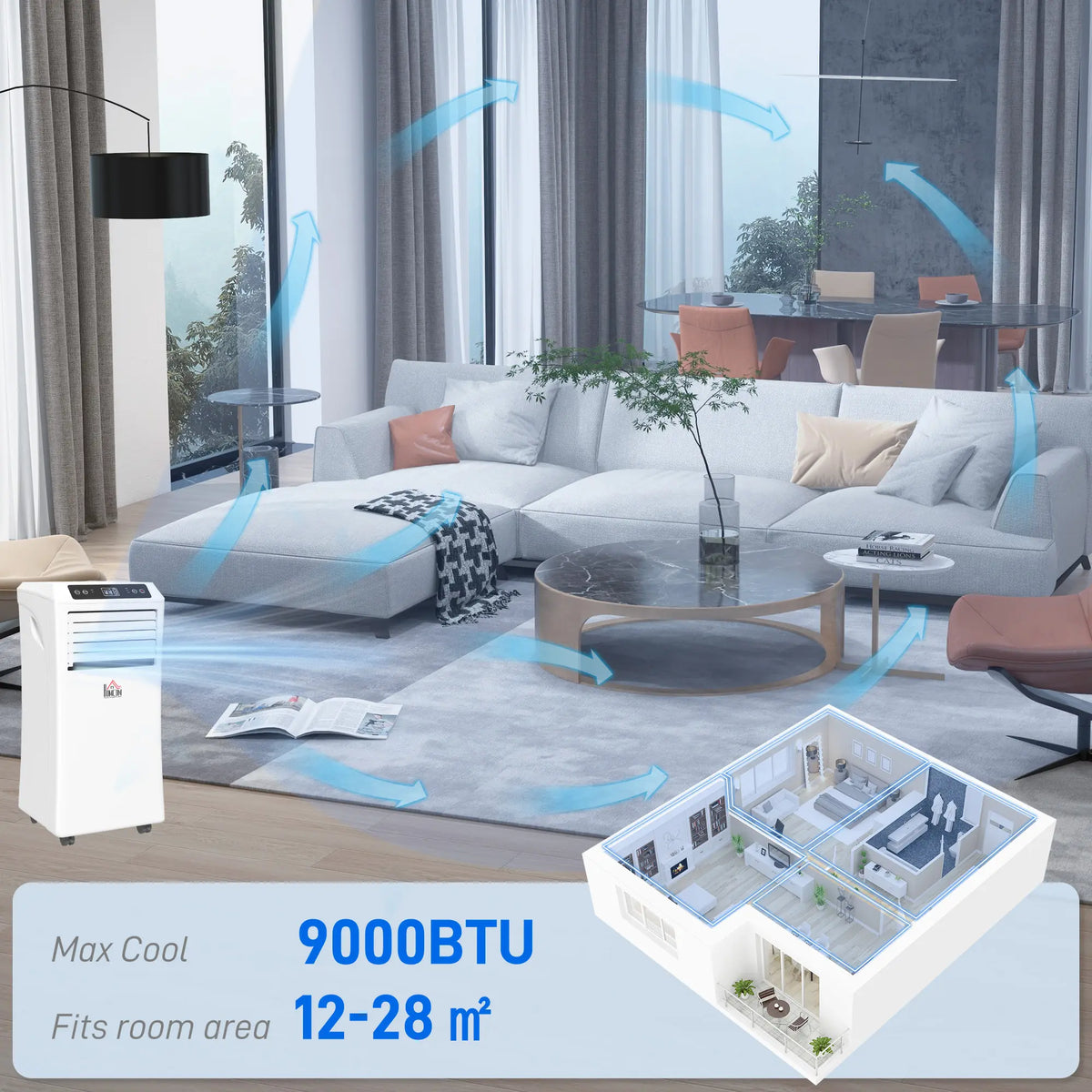 HOMCOM 9000 BTU Air Conditioning Unit, 3-in-1 Portable Air Conditioner, Dehumidifier, Cooling Fan with Remote Control, Digital Display, 2 Speeds, 24H Timer, Window Venting Kit, 28m2
