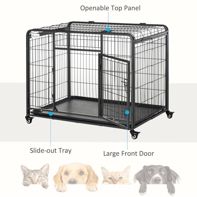 PawHut Metal Dog Cage Kennel Locking Door & Wheels Removable Tray Openable Top For Large Pets 109.5 x 71 x 78 cm