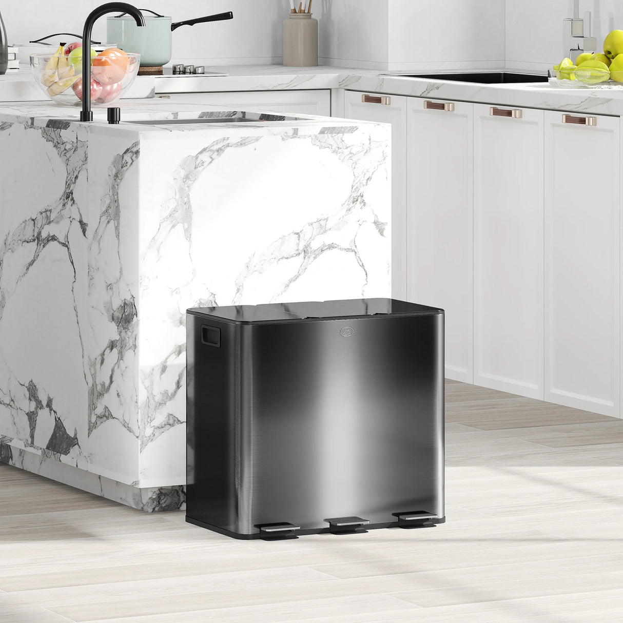HOMCOM 3 x 15L Pedal Bin, Steel Triple Kitchen Bin with Soft Close Lid, Removable Inner Buckets, Fingerprint-Proof, Black