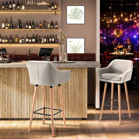HOMCOM Set of 2 Bar Stools Modern Upholstered Seat Bar Chairs w/ Metal Frame, Solid Wood Legs Living Room Dining Room Fabric Furniture - Beige
