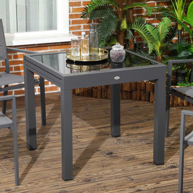 Outsunny Extending Garden Table, Outdoor Dining Table with Aluminium Frame and Tempered Glass Tabletop, 80/160 x 80 x 75 cm, Black