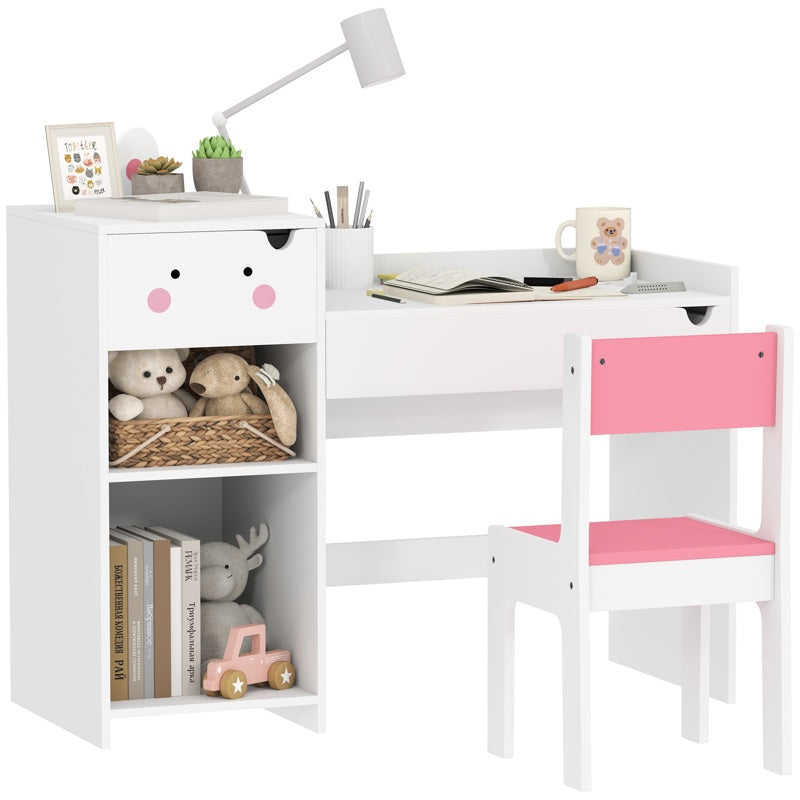 AIYAPLAY Rabbit Themed Kids Desk and Chair Set with Bookcase, Drawers, Storage Shelves, for 3-6 Years, White