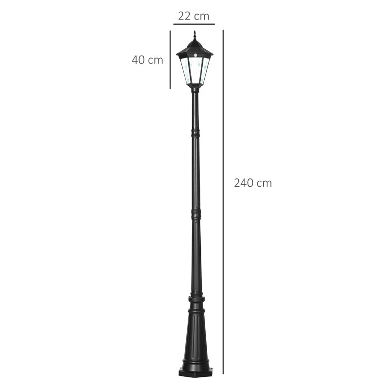 Outsunny 2.4 m Garden Lamp Post Light, LED Solar Powered Patio Path Lighting Lamp with Aluminium Frame, PIR Motion Sensor for Lawn, Pathway, Driveway, Black