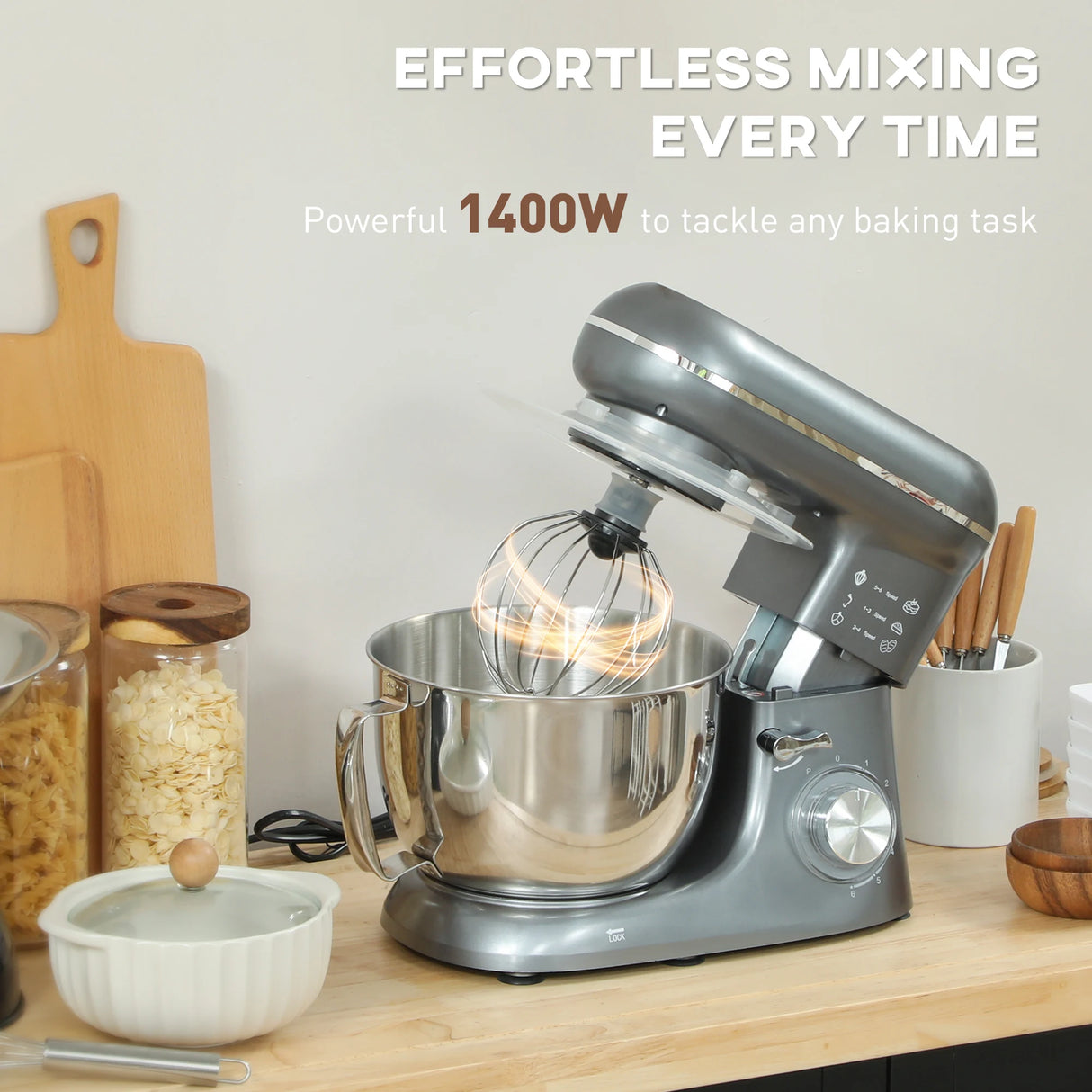 HOMCOM 1300W Kitchen Stand Mixer, with Accessories - Silver